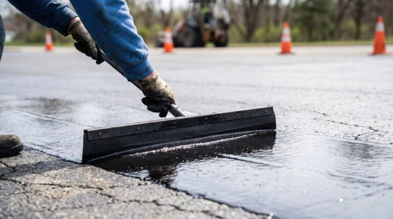 Asphalt sealcoating for a commercial parking lot in Tulsa, Oklahoma